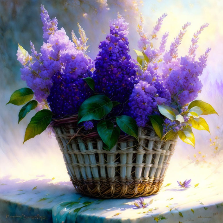 Vibrant purple lilac blossoms in wicker basket on soft-focus backdrop