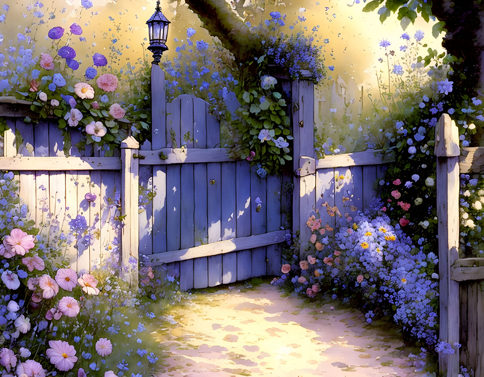 Tranquil garden path with wooden gate and glowing lantern