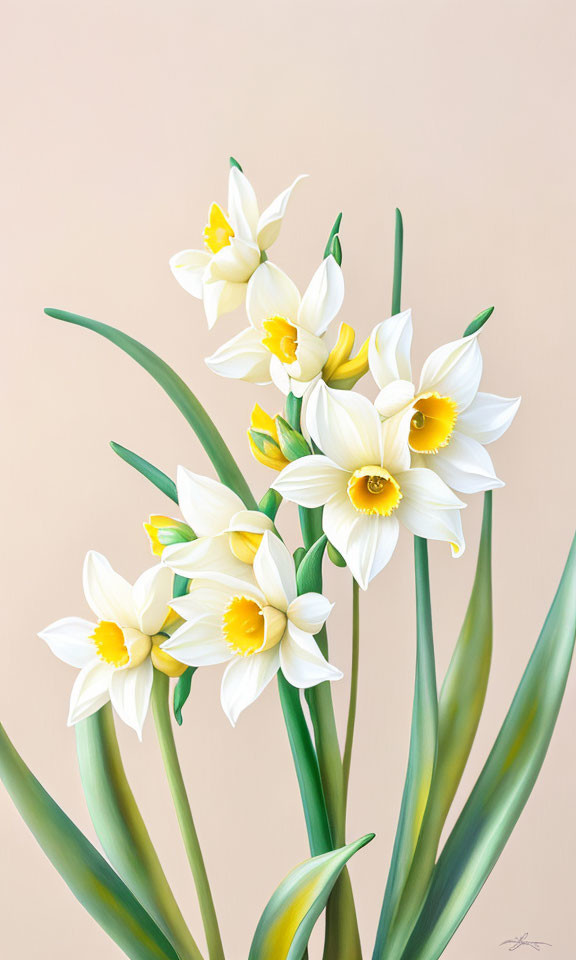 Cluster of White Daffodils with Yellow Centers in Painting