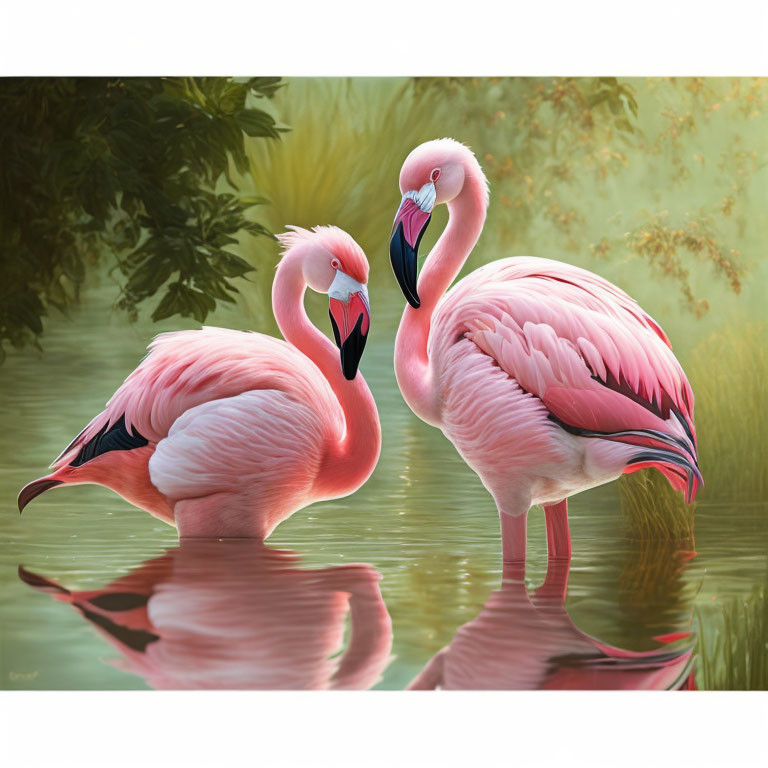 Pair of flamingos in shallow water with green foliage reflections