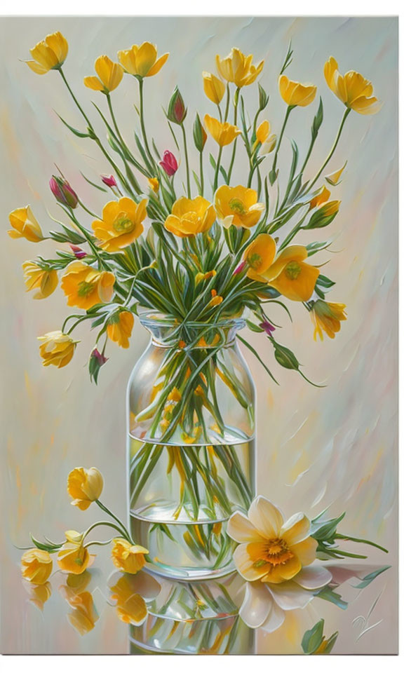 Glass Vase with Yellow Flowers on Abstract Background