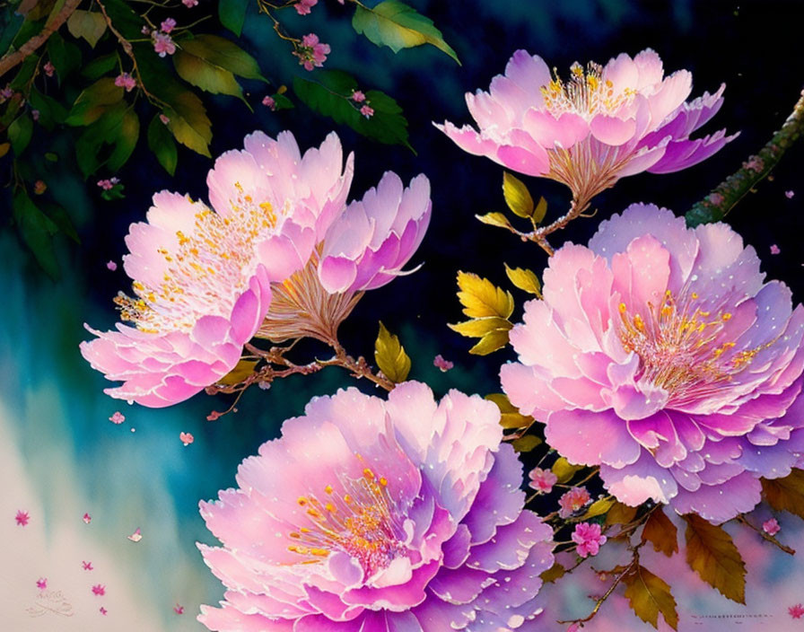 Detailed Pink Blossoms Painting on Serene Blue Background