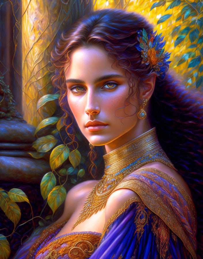 Digital Artwork: Woman with Striking Blue Eyes in Royal Blue and Golden Gown