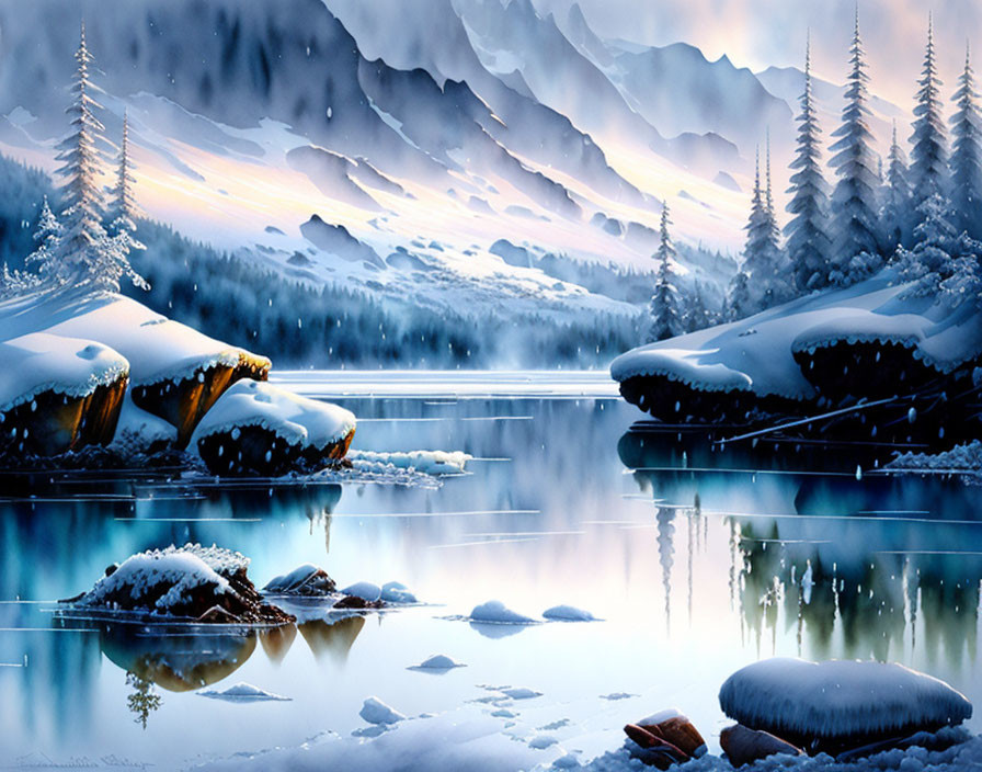 Snow-covered trees, mountains, and a reflective lake in serene winter landscape