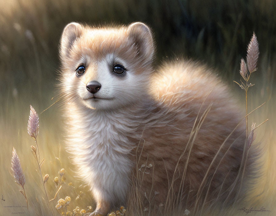 Fluffy Tan and White Weasel-Like Animal in Grass and Wildflowers