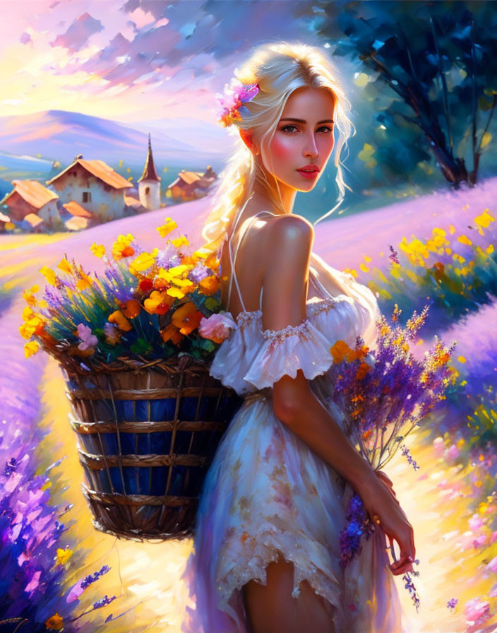 Woman with Flower Crown Holding Basket in Vibrant Pastoral Setting