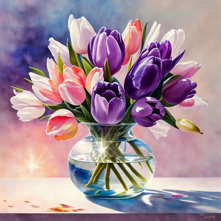 Colorful Tulips in Round Vase with Sunlight Reflections