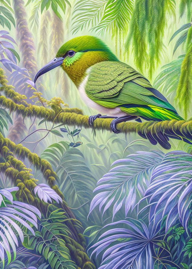 Colorful green bird on branch in lush rainforest setting