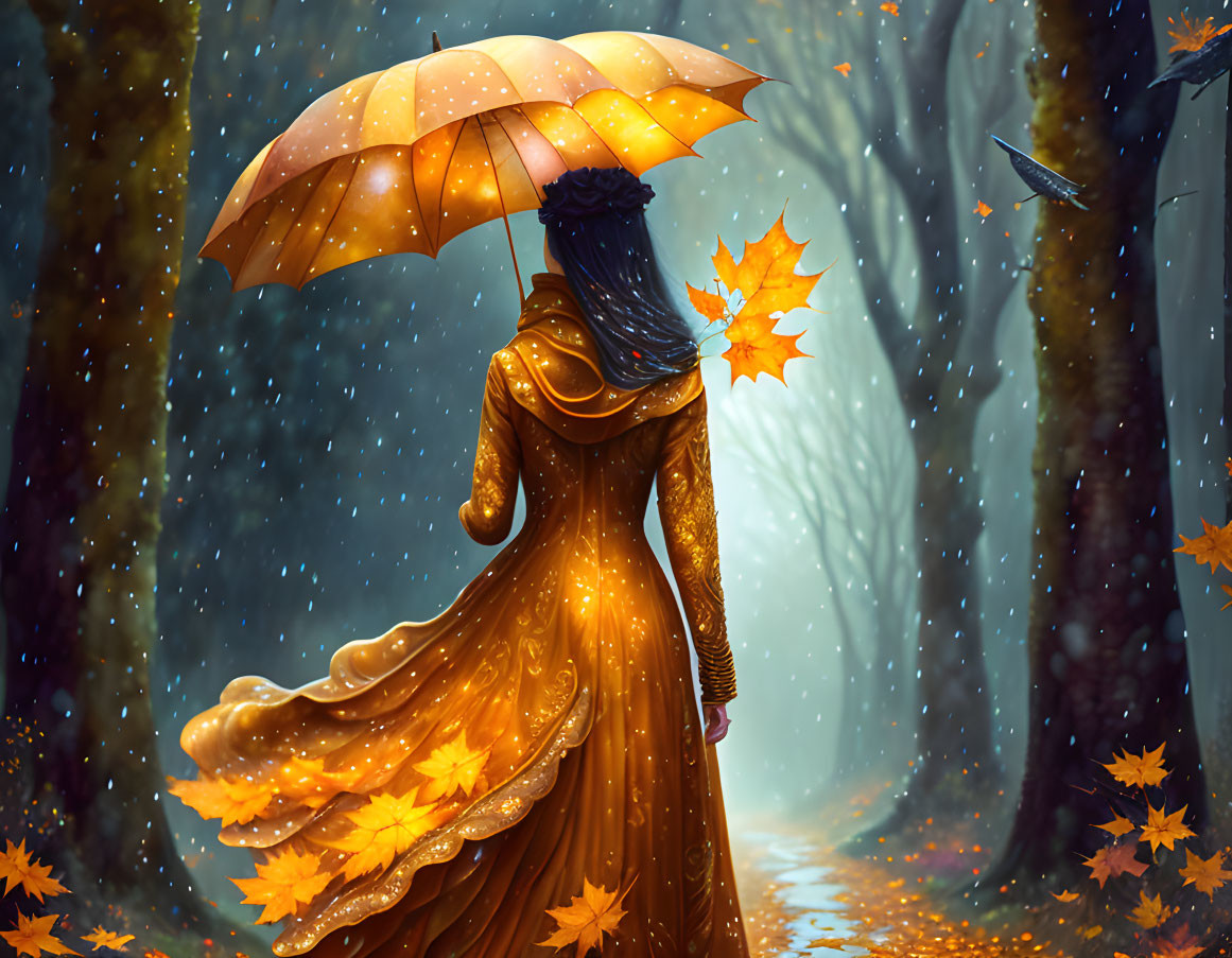 Woman in golden dress with polka-dotted umbrella in mystical autumn setting