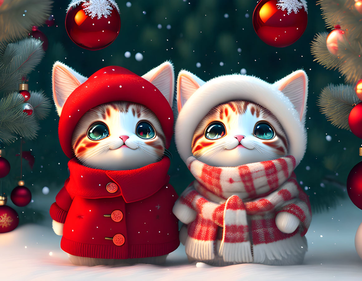 Animated kittens in winter outfits with Christmas tree and snow.