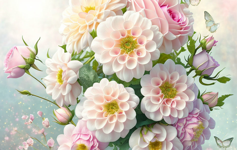 Pastel-colored bouquet with dahlias, roses, and butterflies on dreamy background