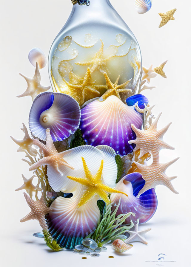 Colorful Glass Sculpture of Vessel with Sea Stars, Shells, and Coral