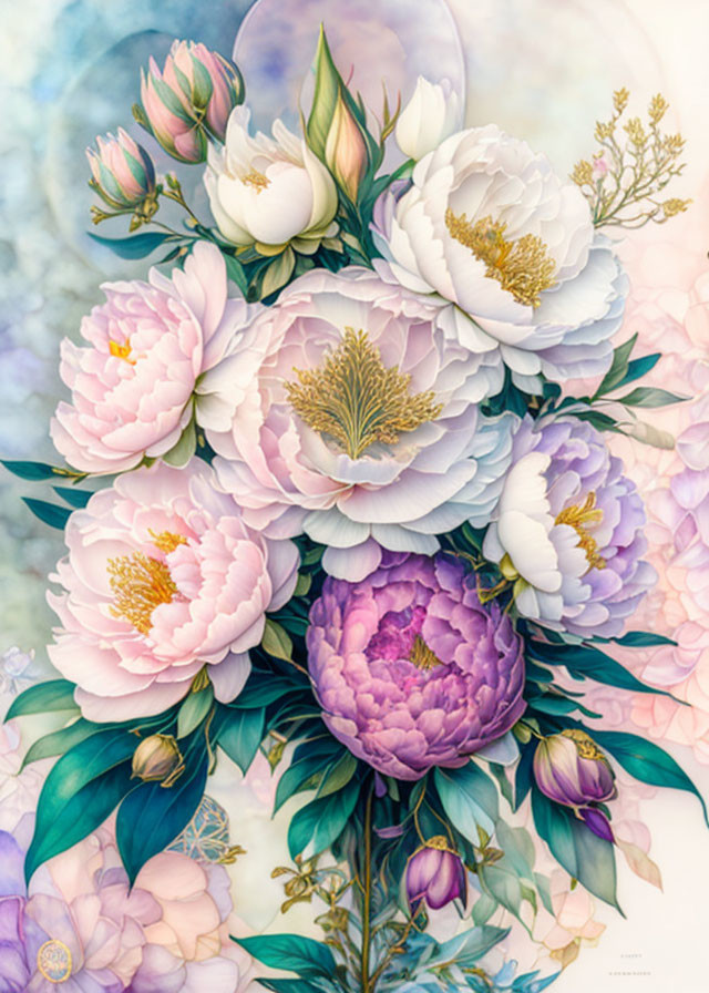 Soft-hued pink and purple peonies illustration with intricate details.