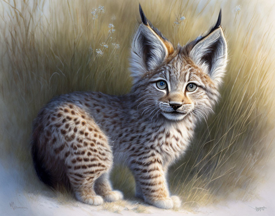 Young lynx illustration: tufted ears, spotted fur, standing in tall grass