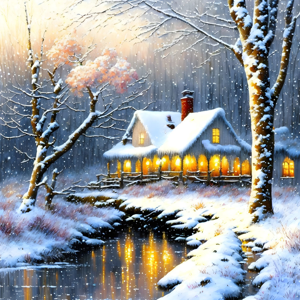 Snowy Landscape: Cozy Cottage and Reflective Pond