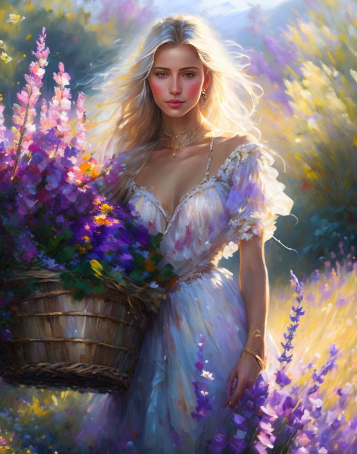 Blonde Woman in Flower Field with Basket and Purple Flora