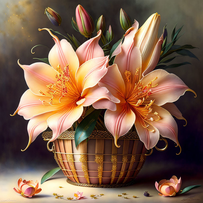 Peach-Colored Lilies Painting with Stamens in Basket