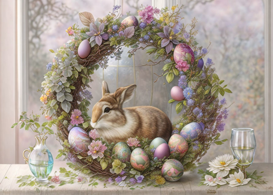 Easter-themed composition with bunny, eggs, blooms, wreath, glassware, and flowers