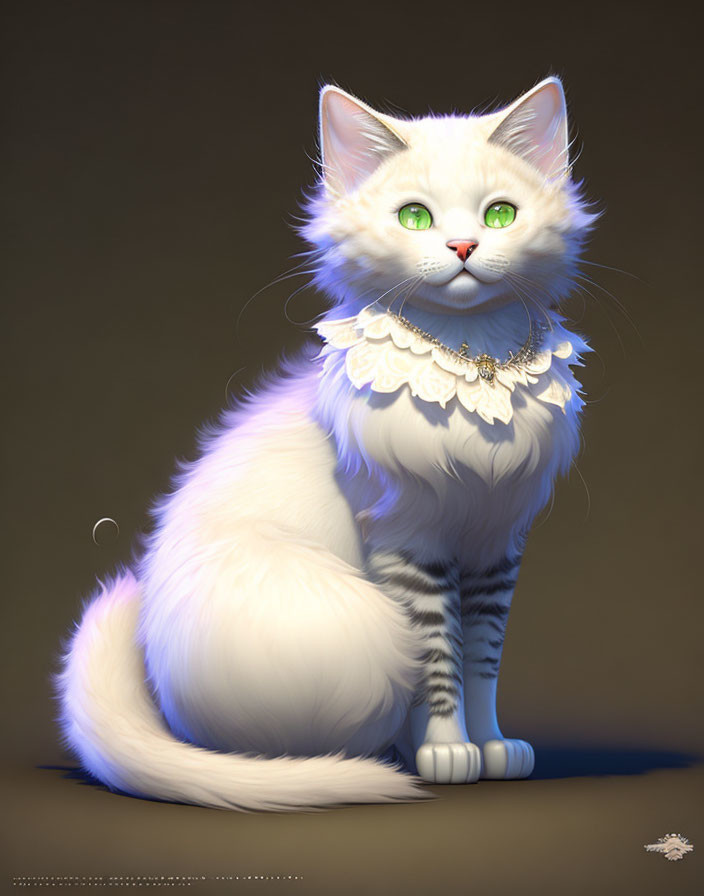 Fluffy white cat with green eyes and grey stripes in ornate collar against brown backdrop