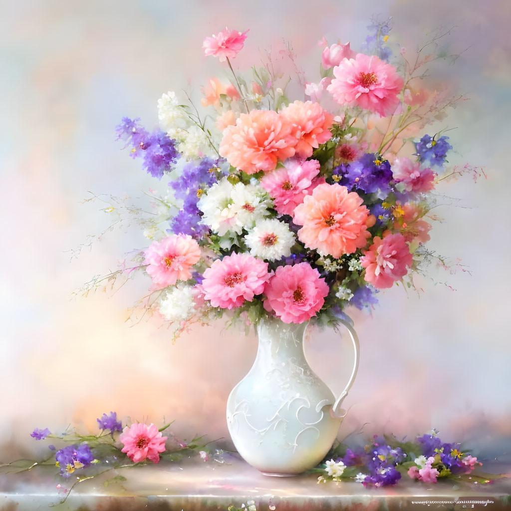 Assorted colorful flowers in white vase on pastel background