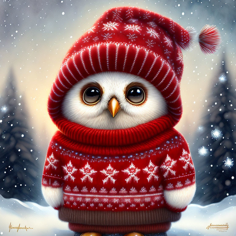 Round fluffy owl in winter attire on snowy forest background