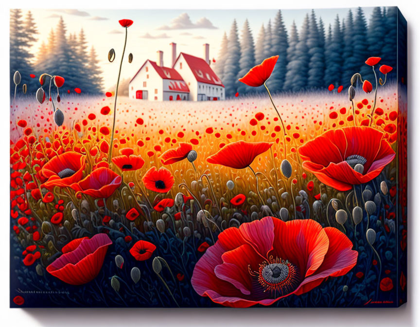 Vibrant painting: Red poppies, white house, dense forest, pastel sunset sky