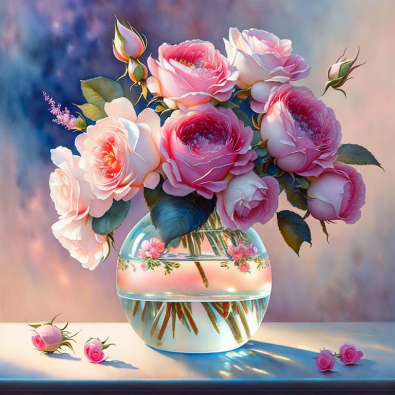 Pink roses bouquet in reflective glass vase on multicolored backdrop