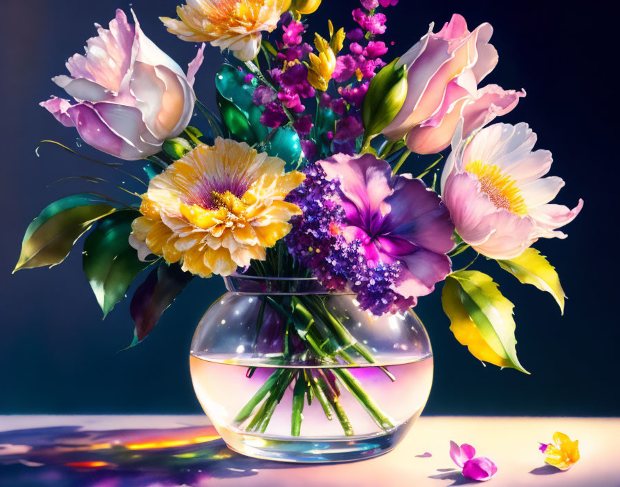 Colorful Mixed Flower Bouquet in Clear Glass Vase with Prismatic Light Reflections