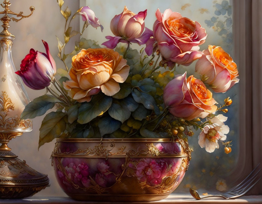 Pink and Peach Roses in Golden Bowl under Soft Light