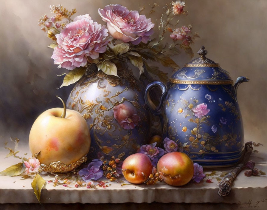 Ornate blue teapot, golden vase, apples, and blossoms in still life painting