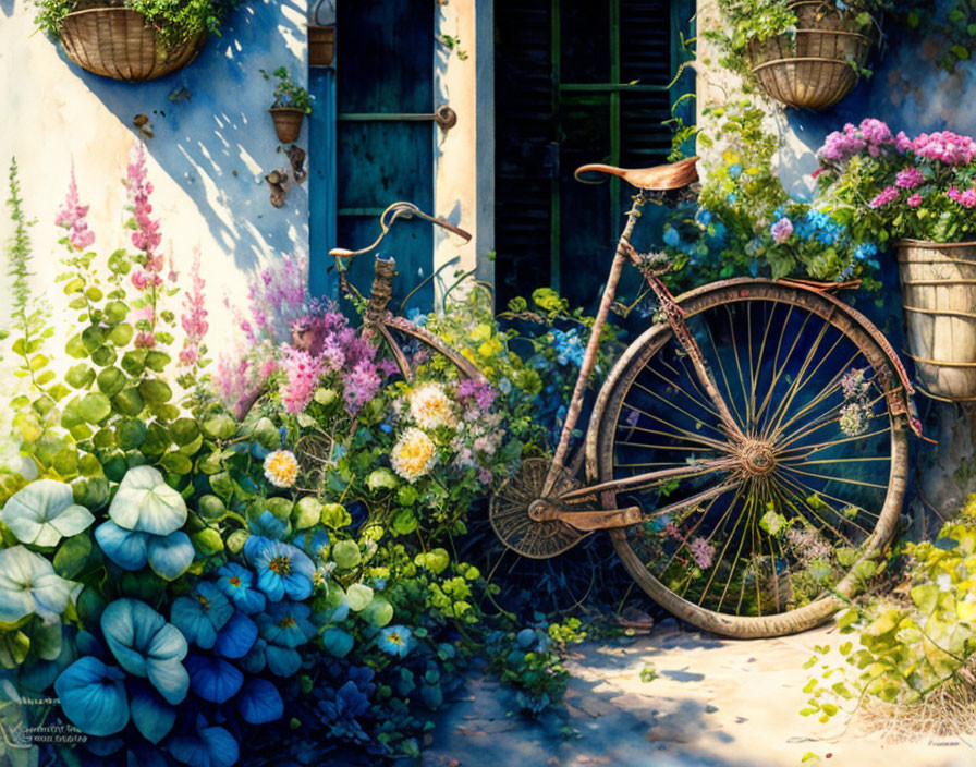 Rustic wall with old bicycle and vibrant flowers