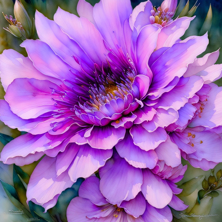 Detailed Purple Flower Painting with Green Foliage