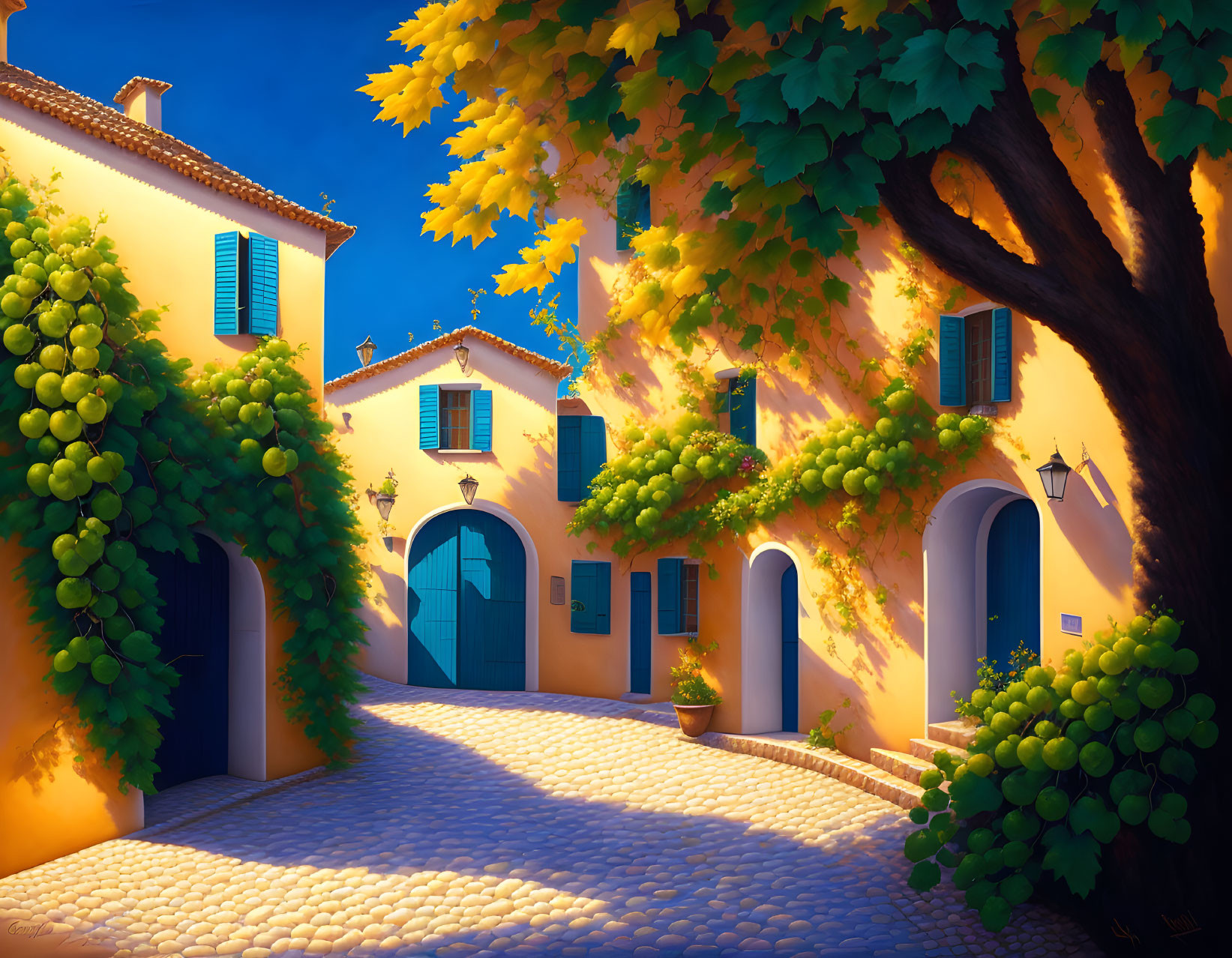 Colorful cobblestone street with yellow houses and blue shutters under clear blue sky