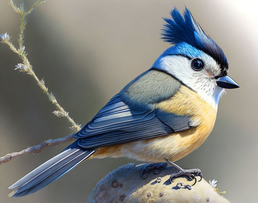 Colorful Bird with Blue Crest, Black Eye-line, and Yellow Underparts on Branch