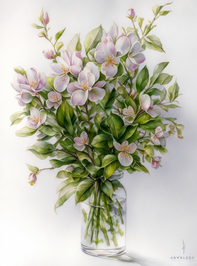 Realistic Drawing of Delicate Pink Flowers in Glass Vase