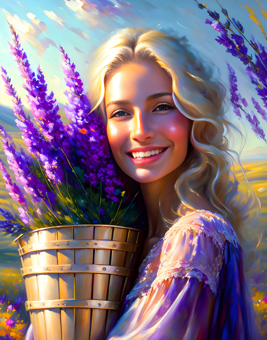 Blonde woman with joyful smile holding purple flowers in sunny floral setting