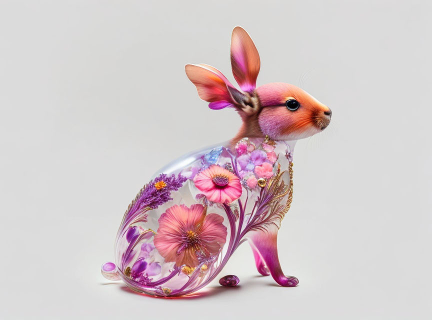 Whimsical digital artwork: Rabbit transformed into vase with flowers