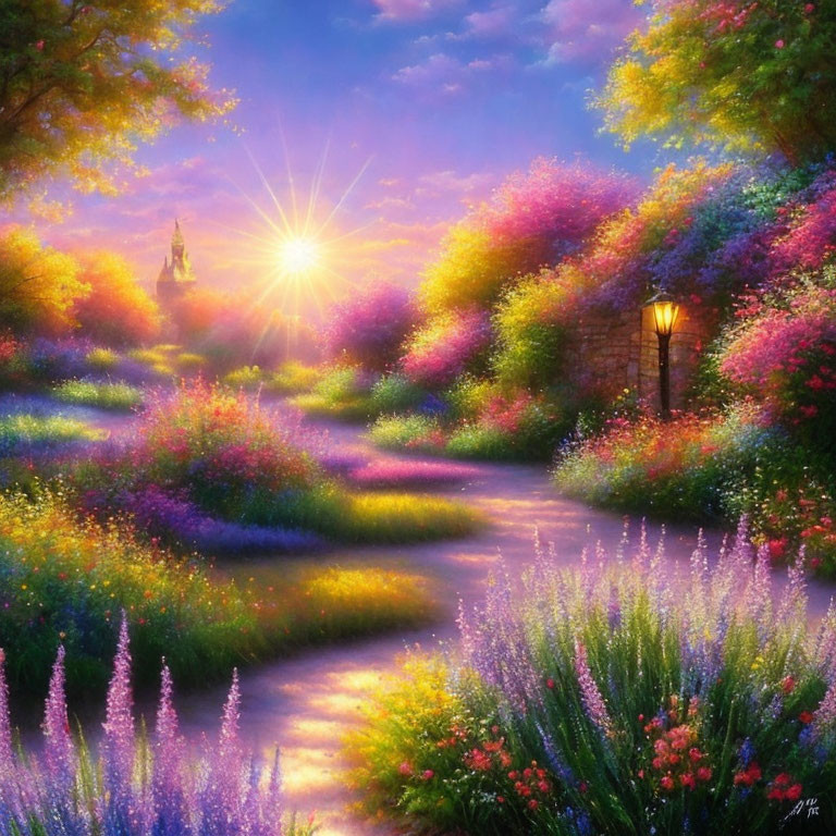 Colorful Flower Garden Path with Lamp Post and Figure Walking in Sunlight