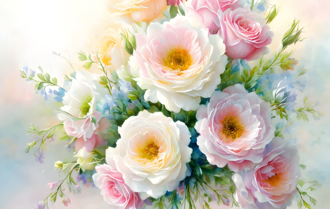 Soft-Hued Roses and Various Flowers in Pastel Colors on Light Background