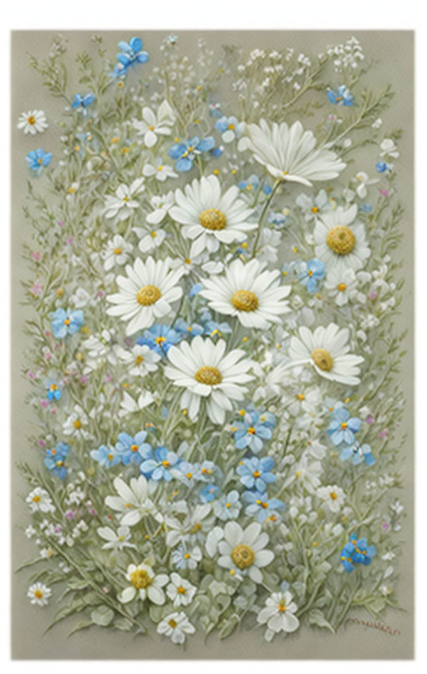 Wildflower Bouquet Illustration: White Daisies, Blue Flowers, Greenery on Beige