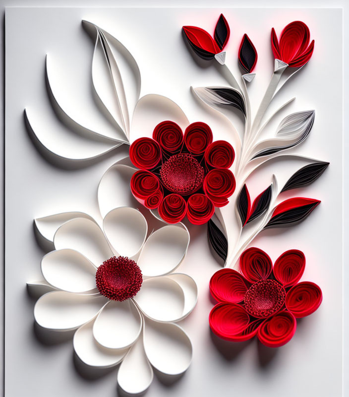 3D paper art: Quilled red and white flowers on white background