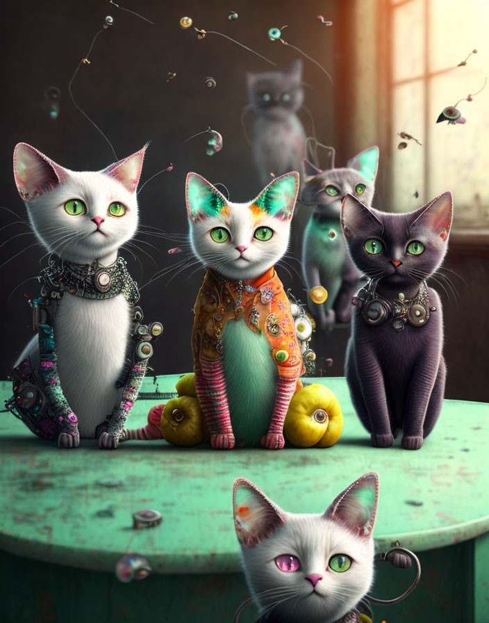 Stylized cats with vibrant eyes and unique collars around a table