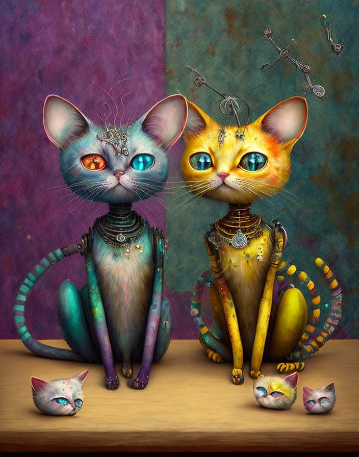 Colorful Whimsical Robotic Cats with Textured Details