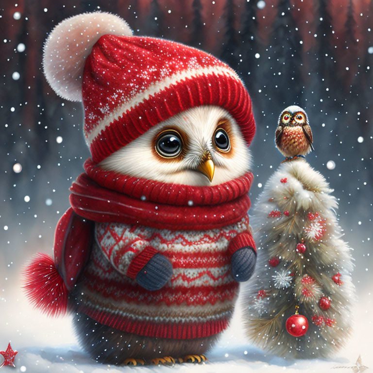 Adorable owl in red knit attire with snowy tree companion