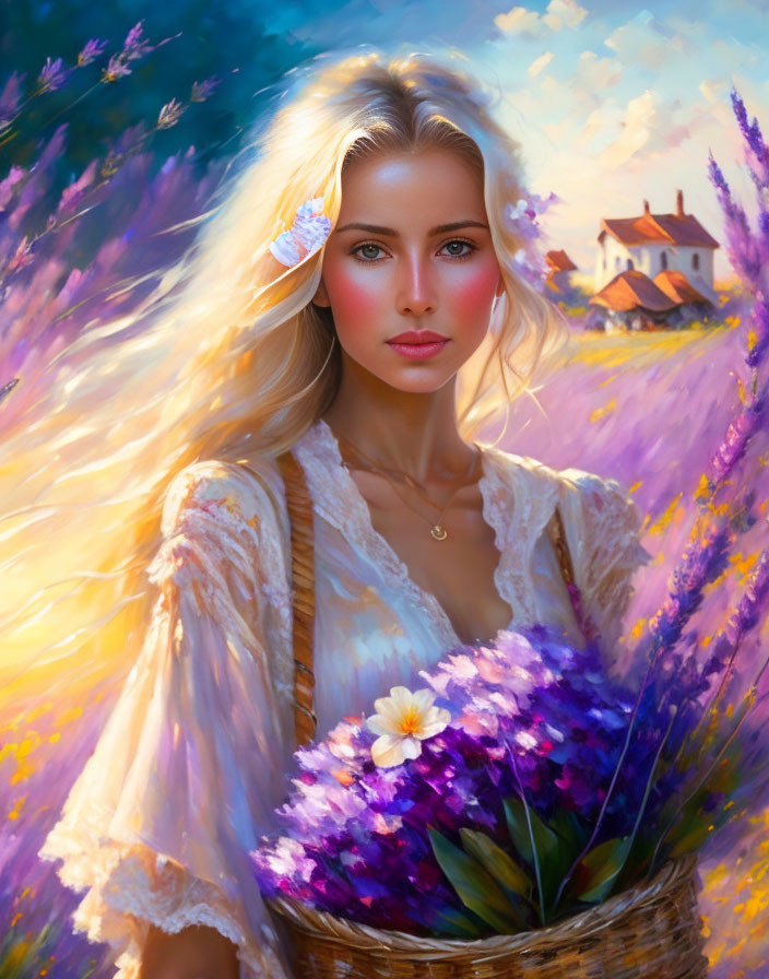 Blonde Woman in Lavender Field with Basket of Flowers