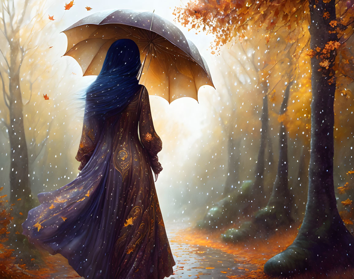 Person in Purple Cloak with Umbrella in Misty Autumn Forest