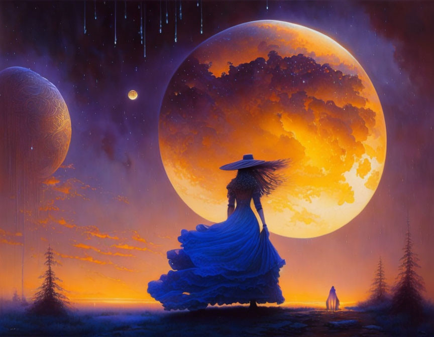 Person in Blue Dress Under Orange Moon with Twilight Sky and Forest Silhouette