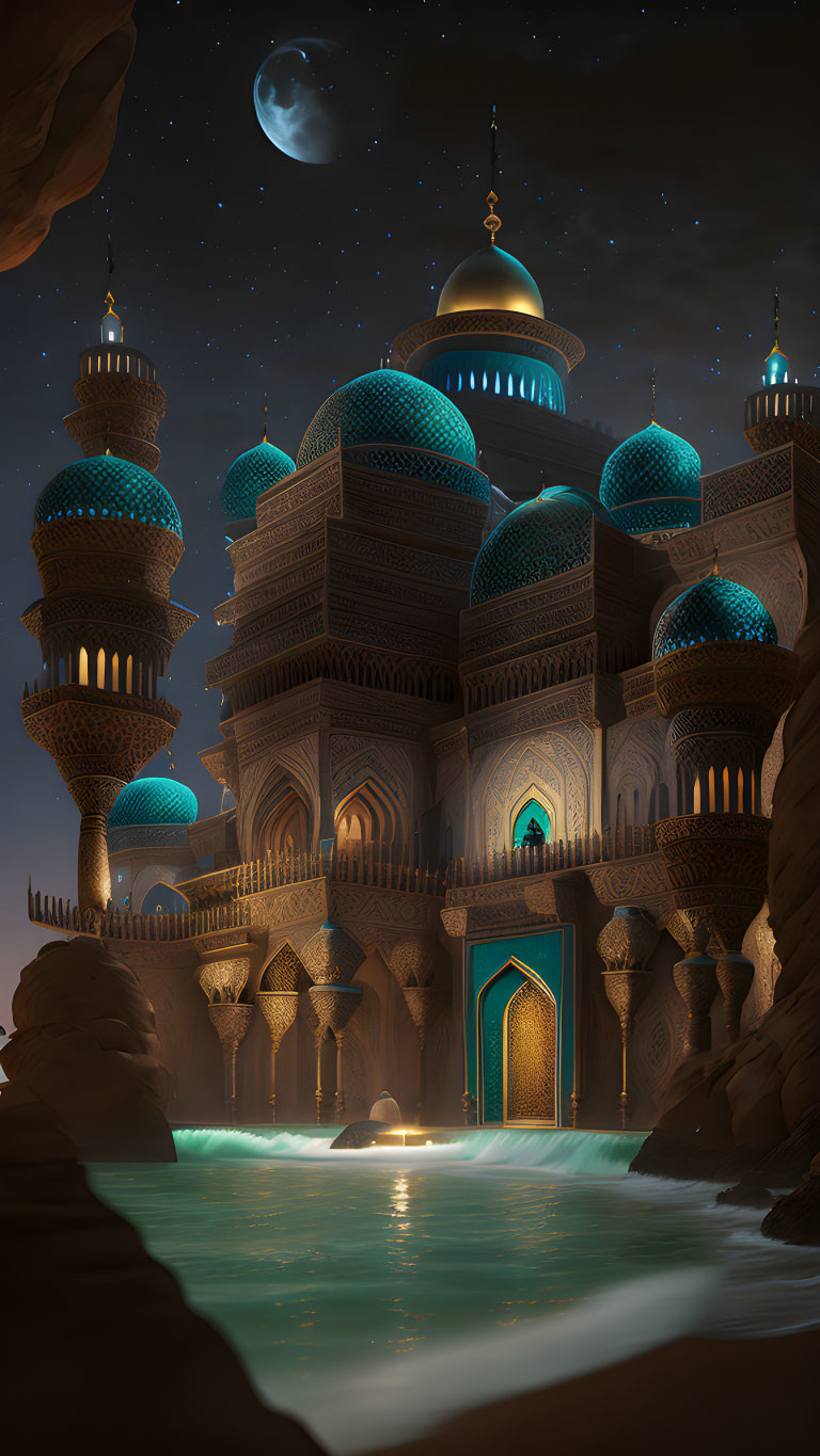 Traditional Middle Eastern architecture with golden domes in a serene night scene