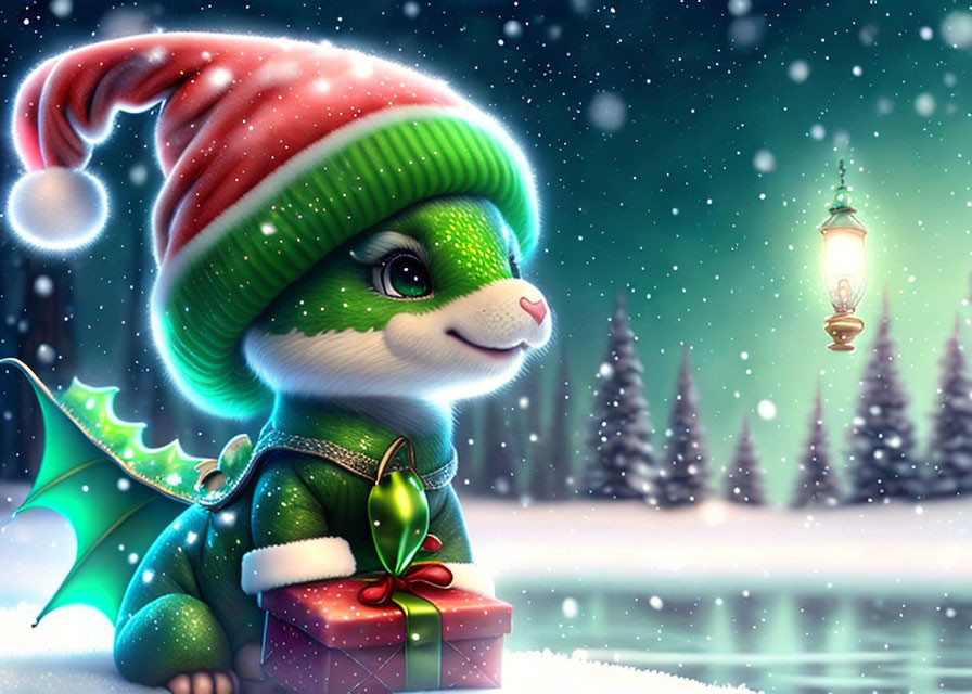 Green dragon in Santa hat with gift in snowy scene