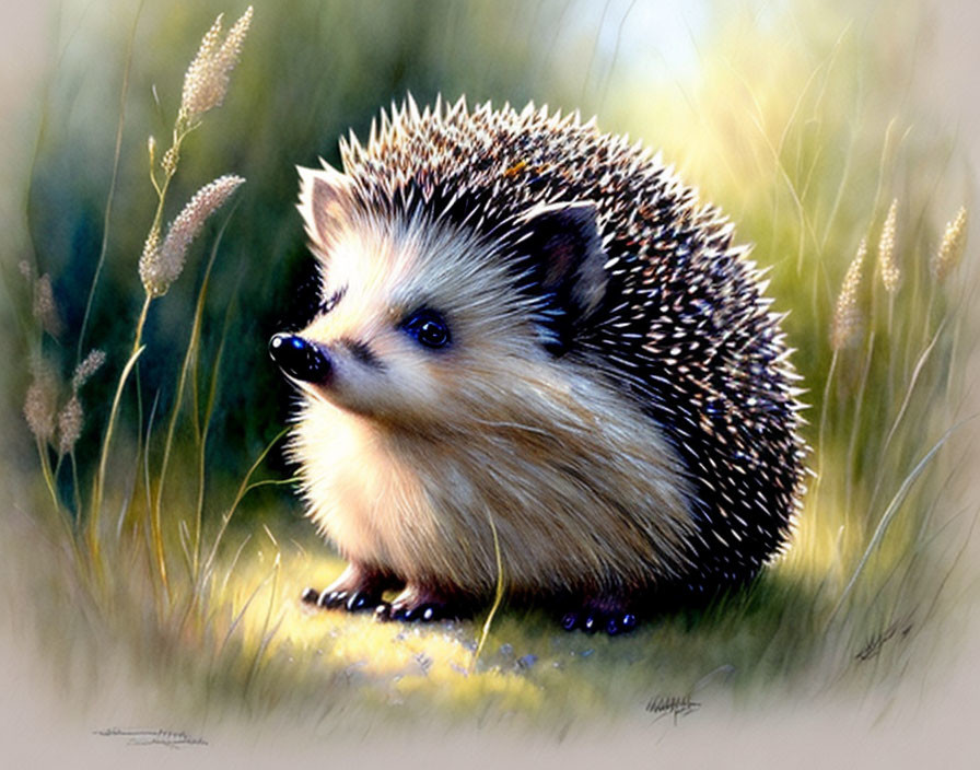 Realistic Hedgehog Illustration in Sunlit Grass Field